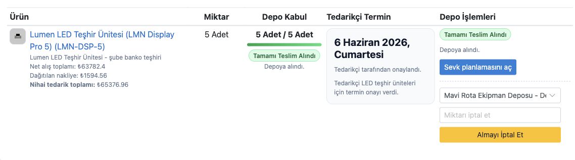Delbig CRM tedarikçi siparişi ürün satırlarında tedarikçi ürün adı ve depo kabul miktarı