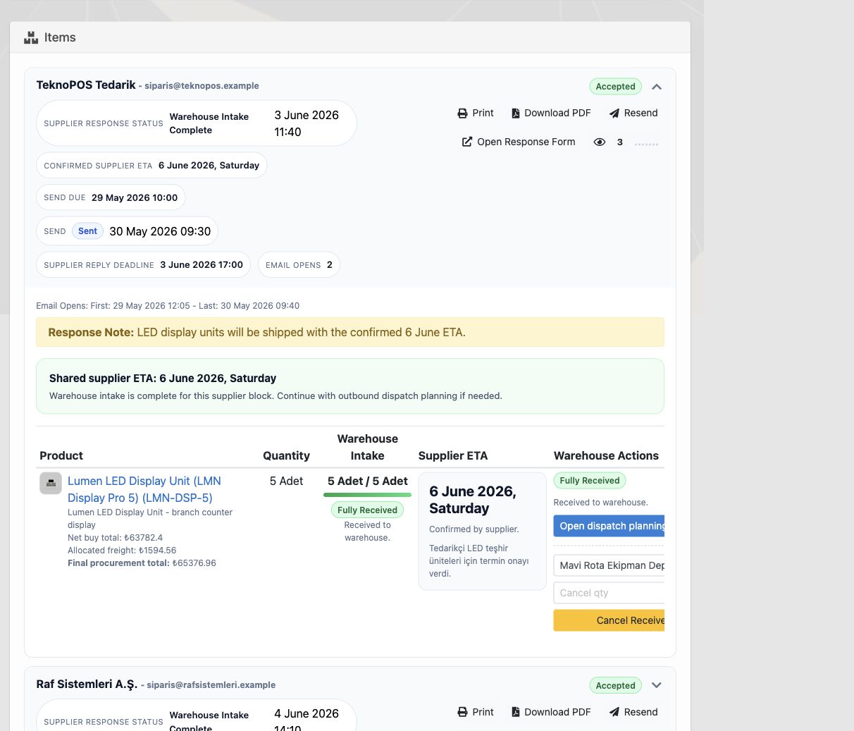 Delbig CRM supplier order screen with response status, ETA, warehouse intake and shipment planning in English