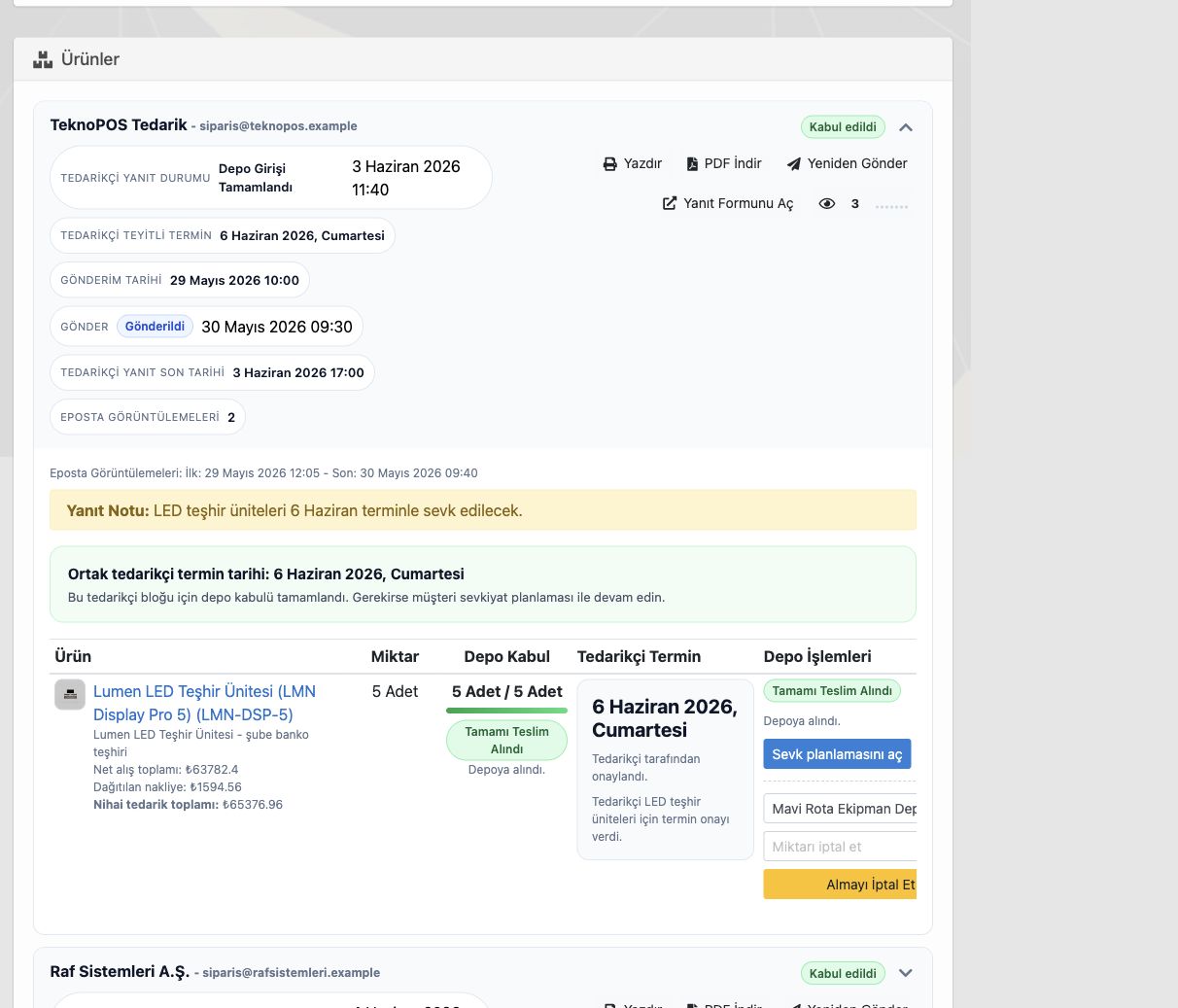 Delbig CRM tedarikçi siparişi ekranında yanıt durumu, termin, depoya kabul ve sevkiyat planı