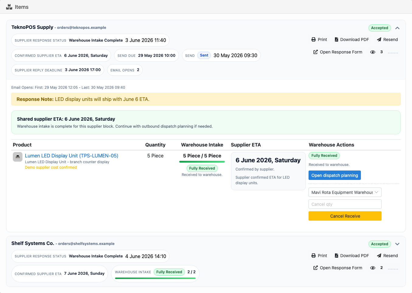 Delbig CRM supplier order workspace with response, ETA, warehouse intake and dispatch planning