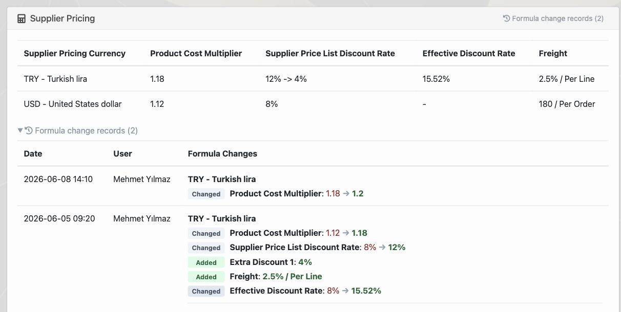 Delbig CRM supplier pricing with cost multiplier, discount, freight and formula change records in English