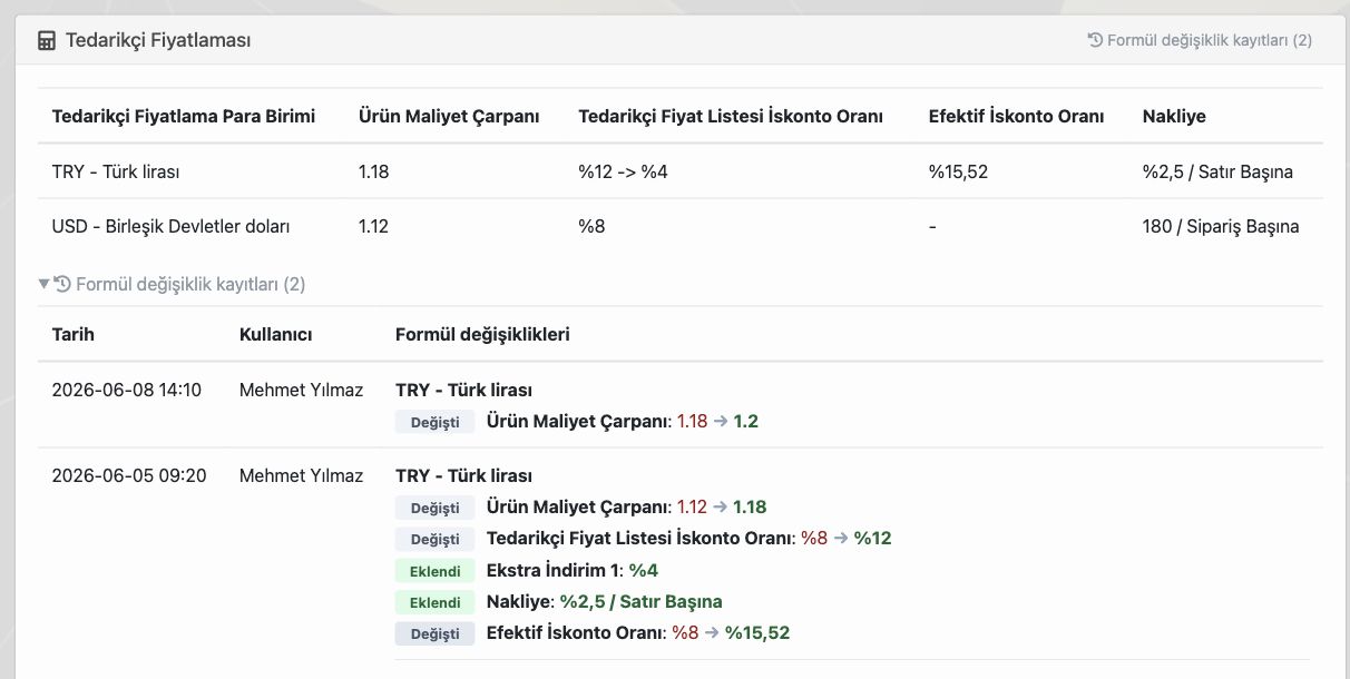 Delbig CRM tedarikçi fiyatlamasında maliyet çarpanı, iskonto, nakliye ve formül değişiklik kayıtları