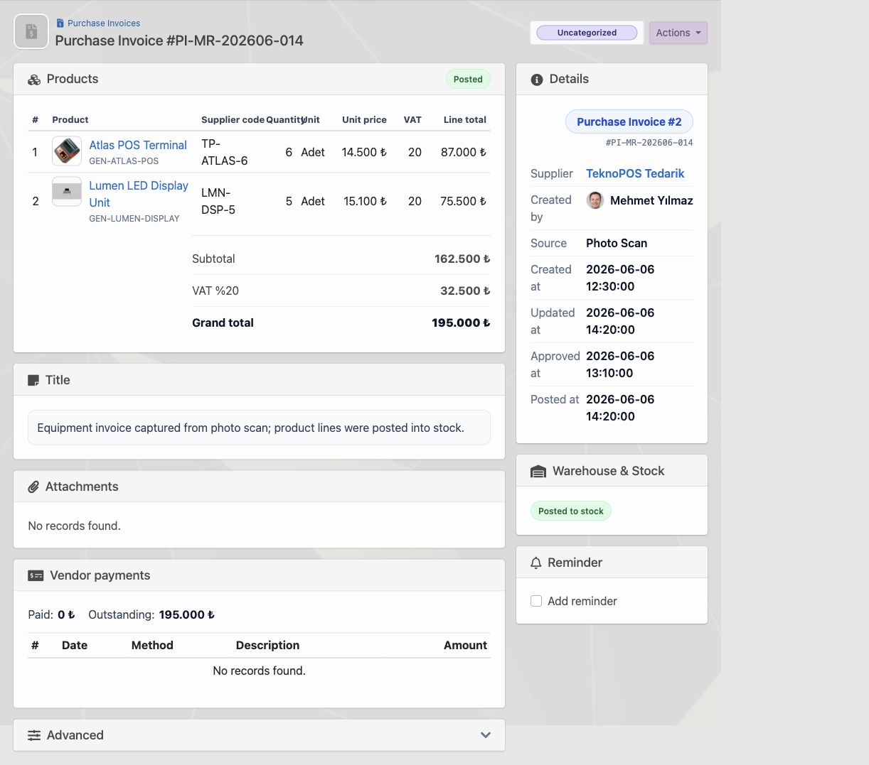 Delbig CRM purchase invoice with supplier code, unit price, photo scan source and stock posting in English