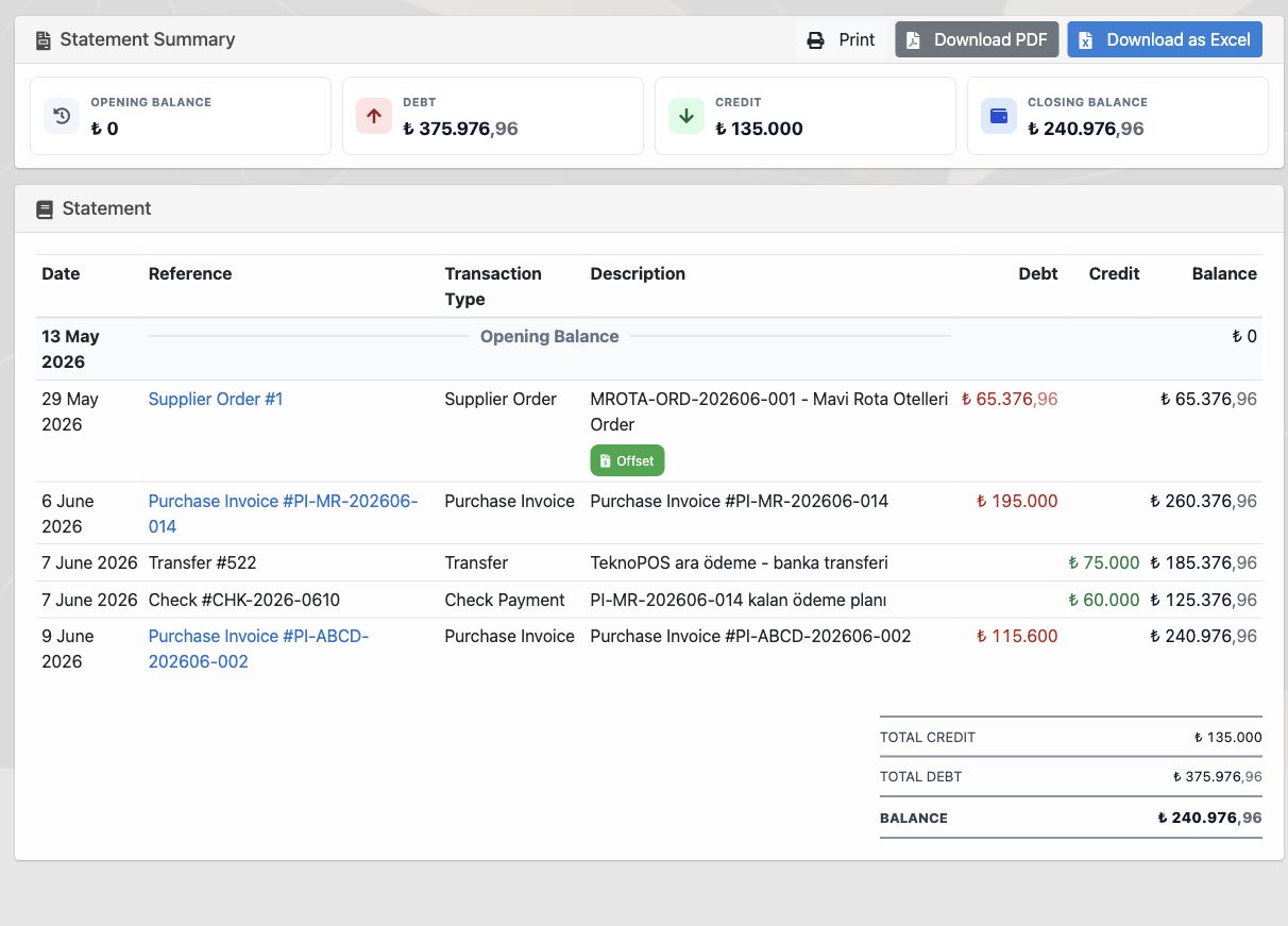 Delbig CRM supplier statement with debit, credit, balance, PDF and Excel actions in English
