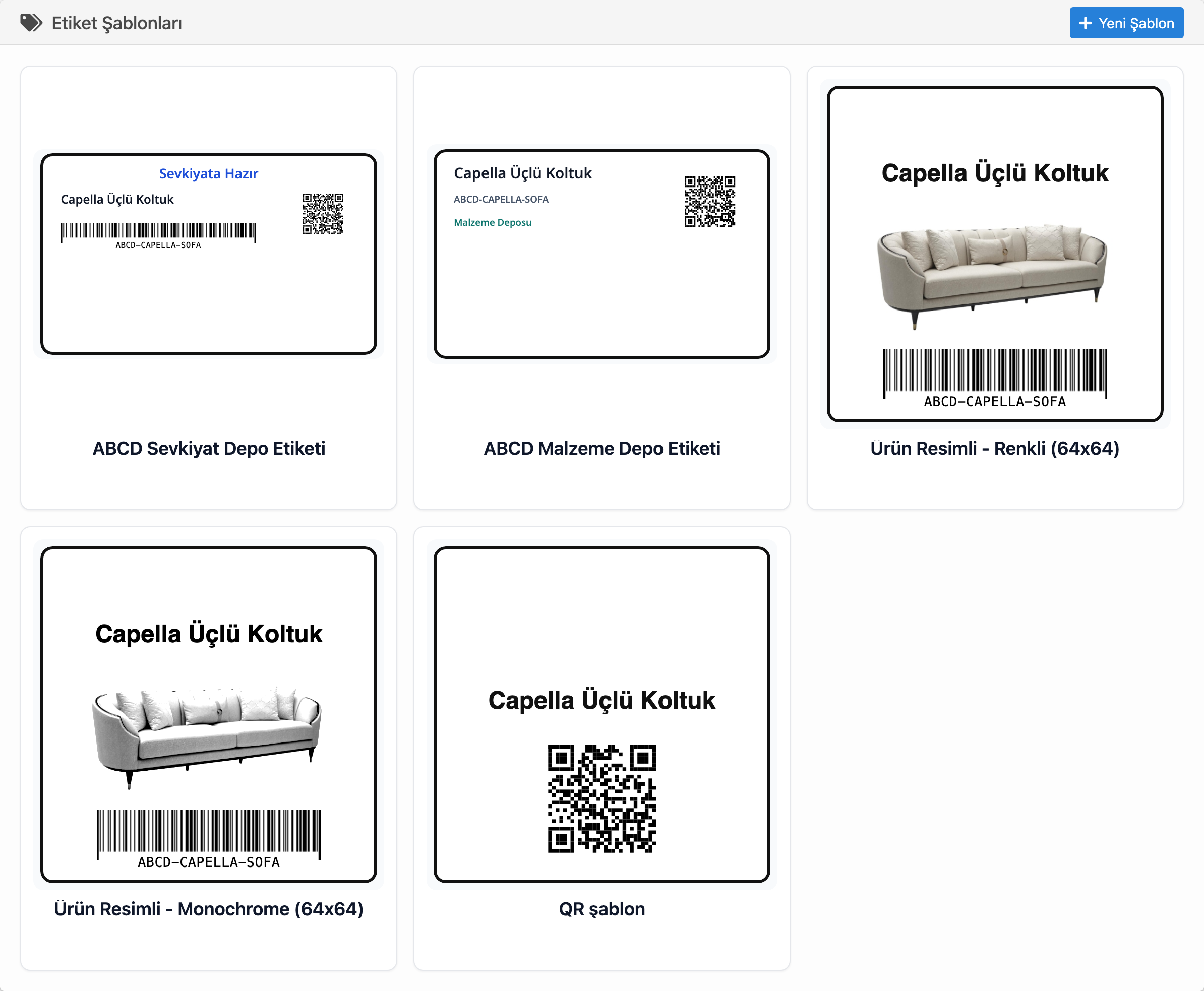 Delbig CRM etiket şablonlarında malzeme deposu, sevkiyat deposu ve ürün görselli etiket tasarımları