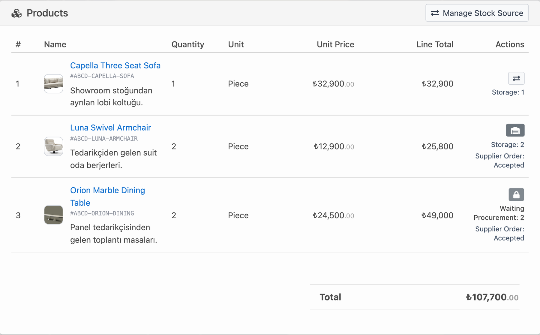 Delbig CRM furniture order product rows with stock and supplier source tracking