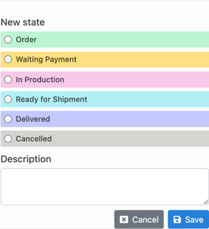 Delbig CRM order status change panel with production and shipment stages