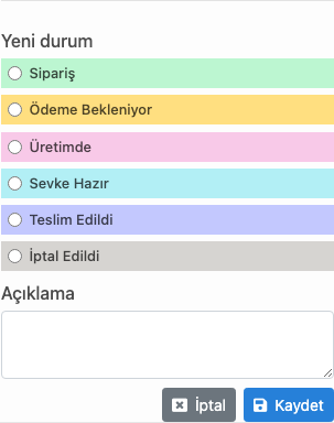 Delbig CRM sipariş durum değiştirme panelinde üretim ve sevkiyat aşamaları