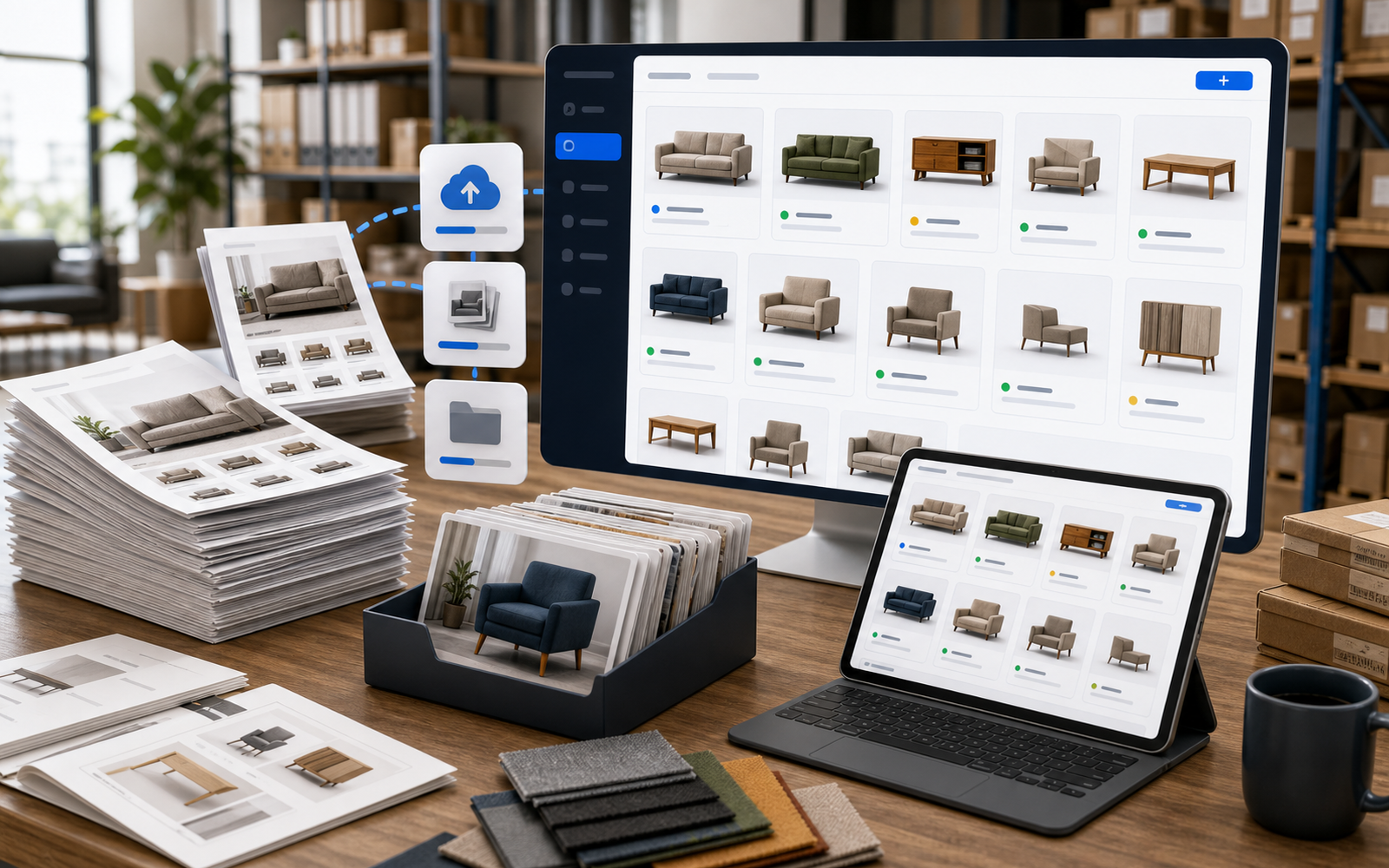 Delbig CRM toplu ürün ve katalog işlemlerini temsil eden yazısız görsel