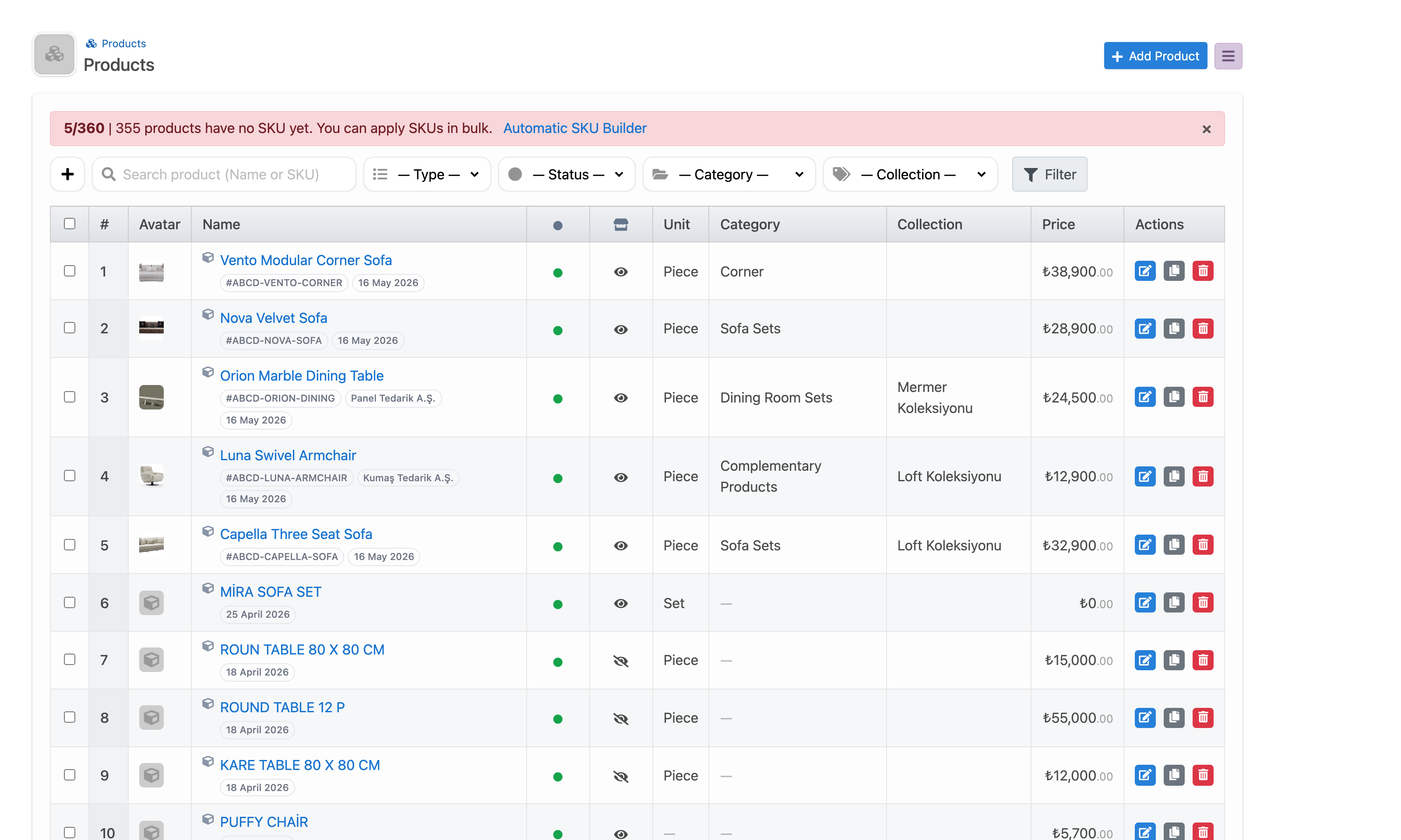 Delbig CRM product list showing furniture images, SKUs and price information