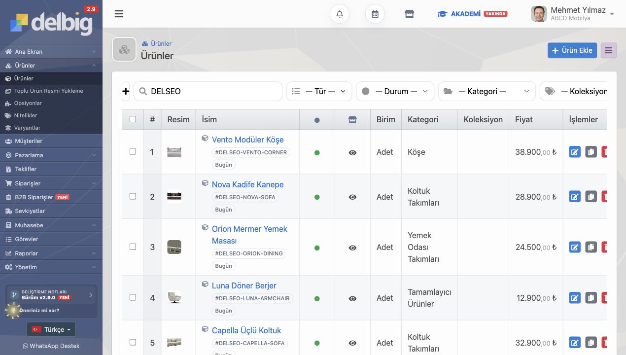 Delbig CRM ürünler sayfasında mobilya ürün görselleri, kategoriler ve fiyat bilgileri