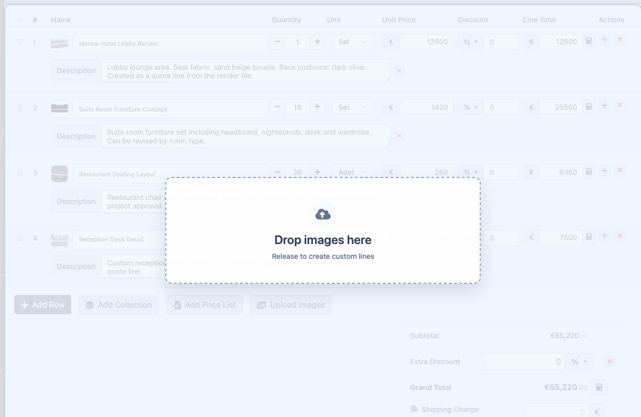 Delbig CRM project-based sales quote screen in English