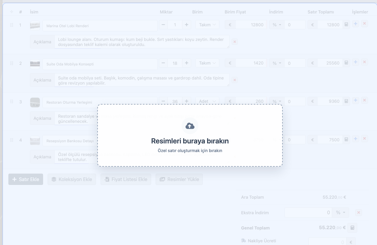 Delbig CRM proje bazlı satış teklif ekranı