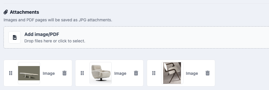 Delbig CRM English project quote attachment area for renders, images and PDF files
