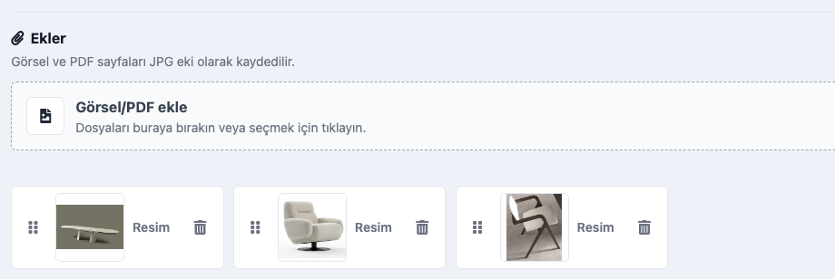 Delbig CRM proje teklifine render, görsel ve PDF dosyası ekleme alanı