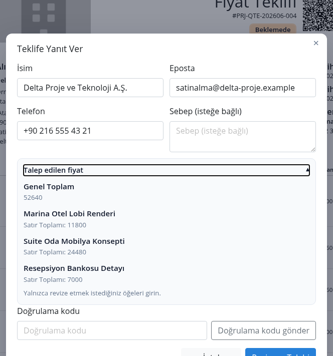 Delbig CRM paylaşılan teklifte müşterinin revize fiyat yazdığı revizyon talebi paneli