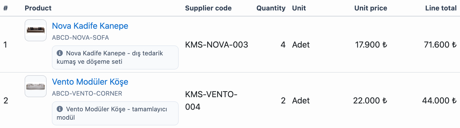 Delbig CRM purchase invoice rows with supplier code, product, quantity, unit price and total