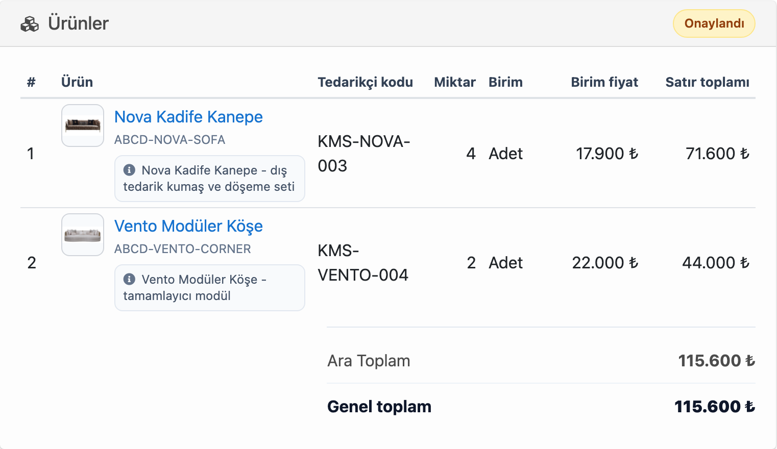 Delbig CRM alış faturasında tedarikçi kodu, ürün, miktar, birim fiyat ve toplam bilgileri