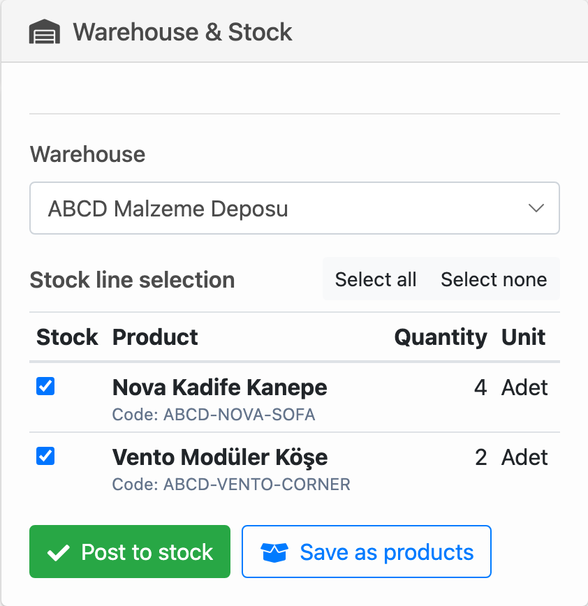 Delbig CRM purchase invoice stock card for posting selected product lines into a warehouse