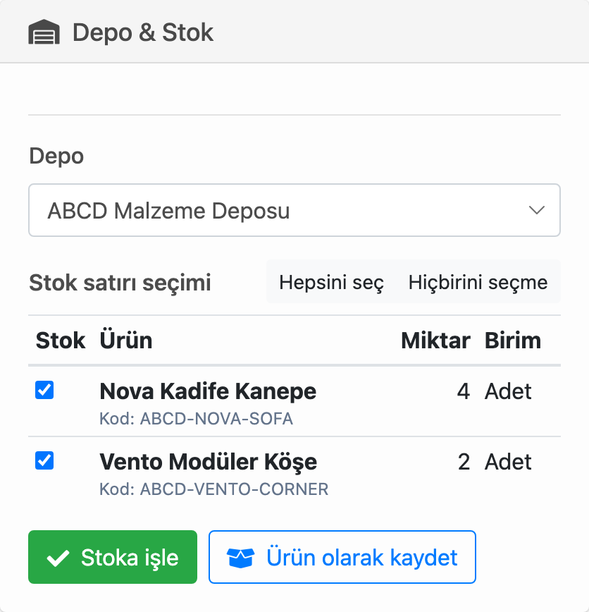 Delbig CRM alış faturası stok kartında ürün satırlarını depoya işleme seçimi