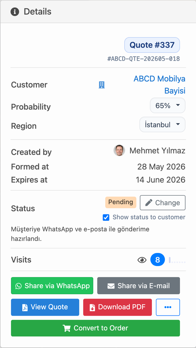 Delbig CRM quote actions panel with status, visits, WhatsApp, email, PDF and convert-to-order buttons