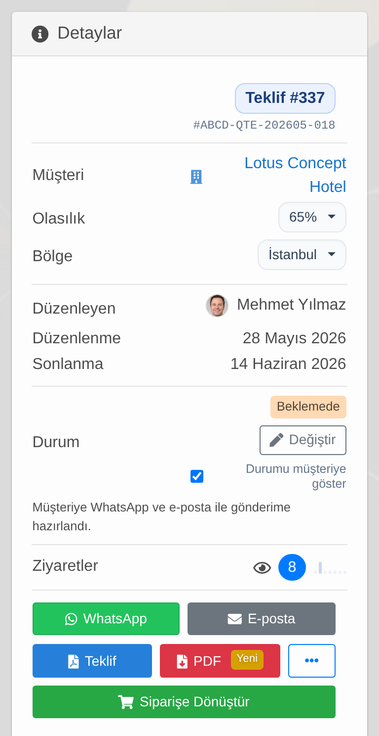 Delbig CRM teklif aksiyon panelinde durum, ziyaret, WhatsApp, e-posta, PDF ve siparişe dönüştürme butonları