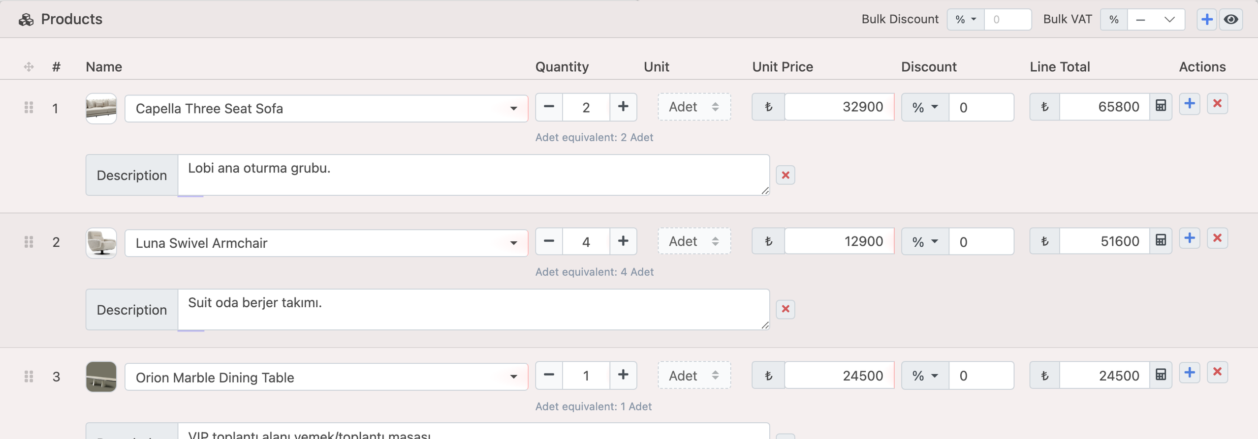 Delbig CRM quote edit screen with visual product selection and price rows