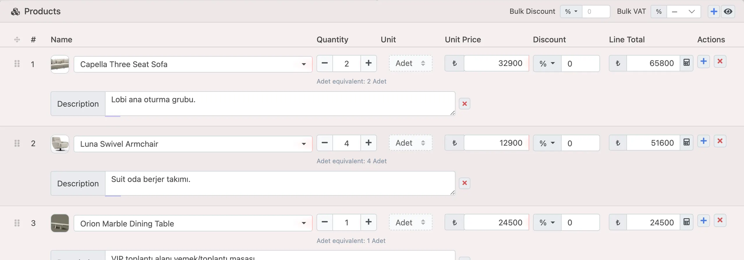 Delbig CRM quote edit screen with visual product selection and price rows