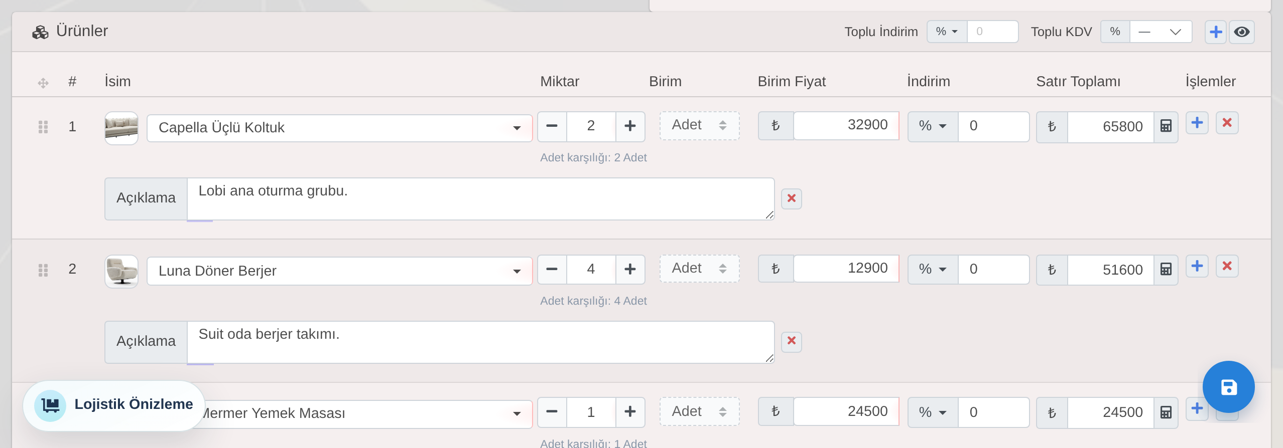 Delbig CRM teklif düzenleme ekranında görselli ürün seçimi ve fiyat satırları