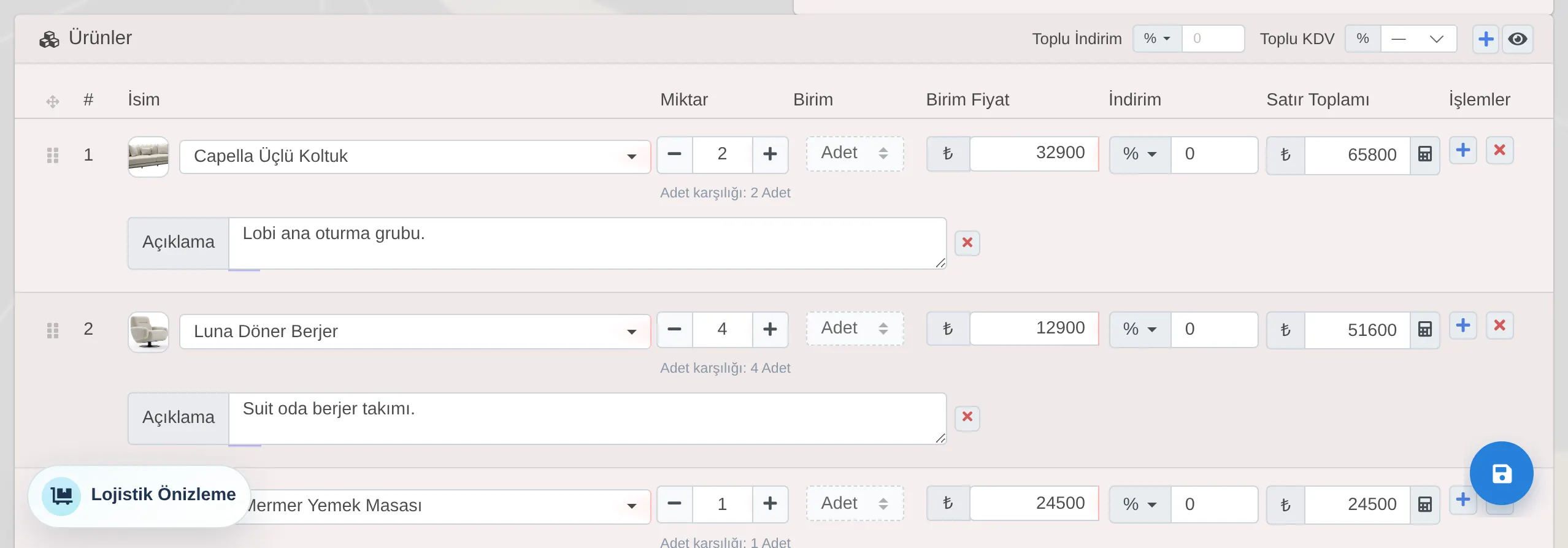 Delbig CRM teklif düzenleme ekranında görselli ürün seçimi ve fiyat satırları