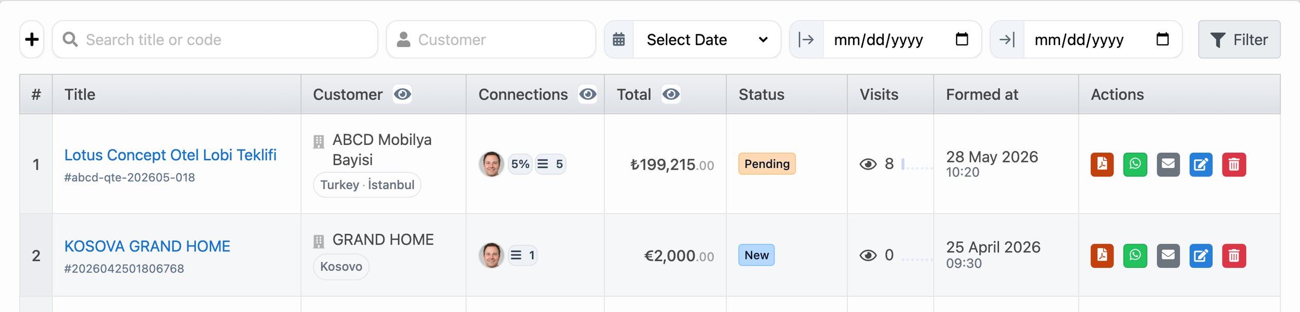 Delbig CRM quote list with status and visit tracking