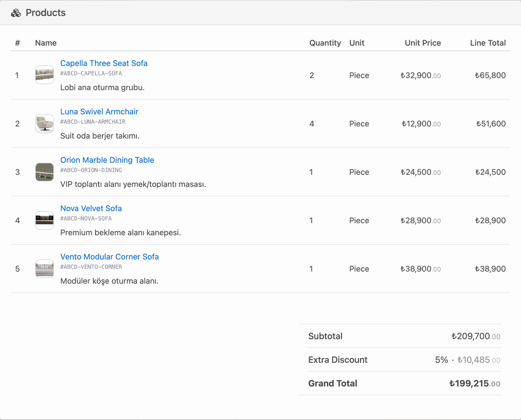 Delbig CRM quote detail with product images, quantities and grand total