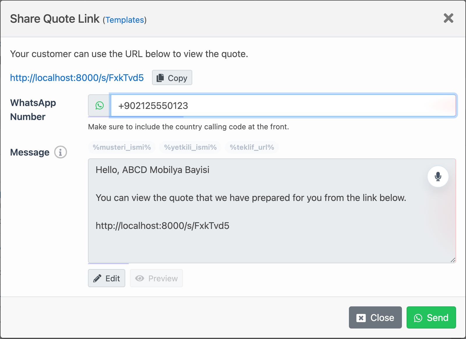 Delbig CRM WhatsApp quote sharing modal