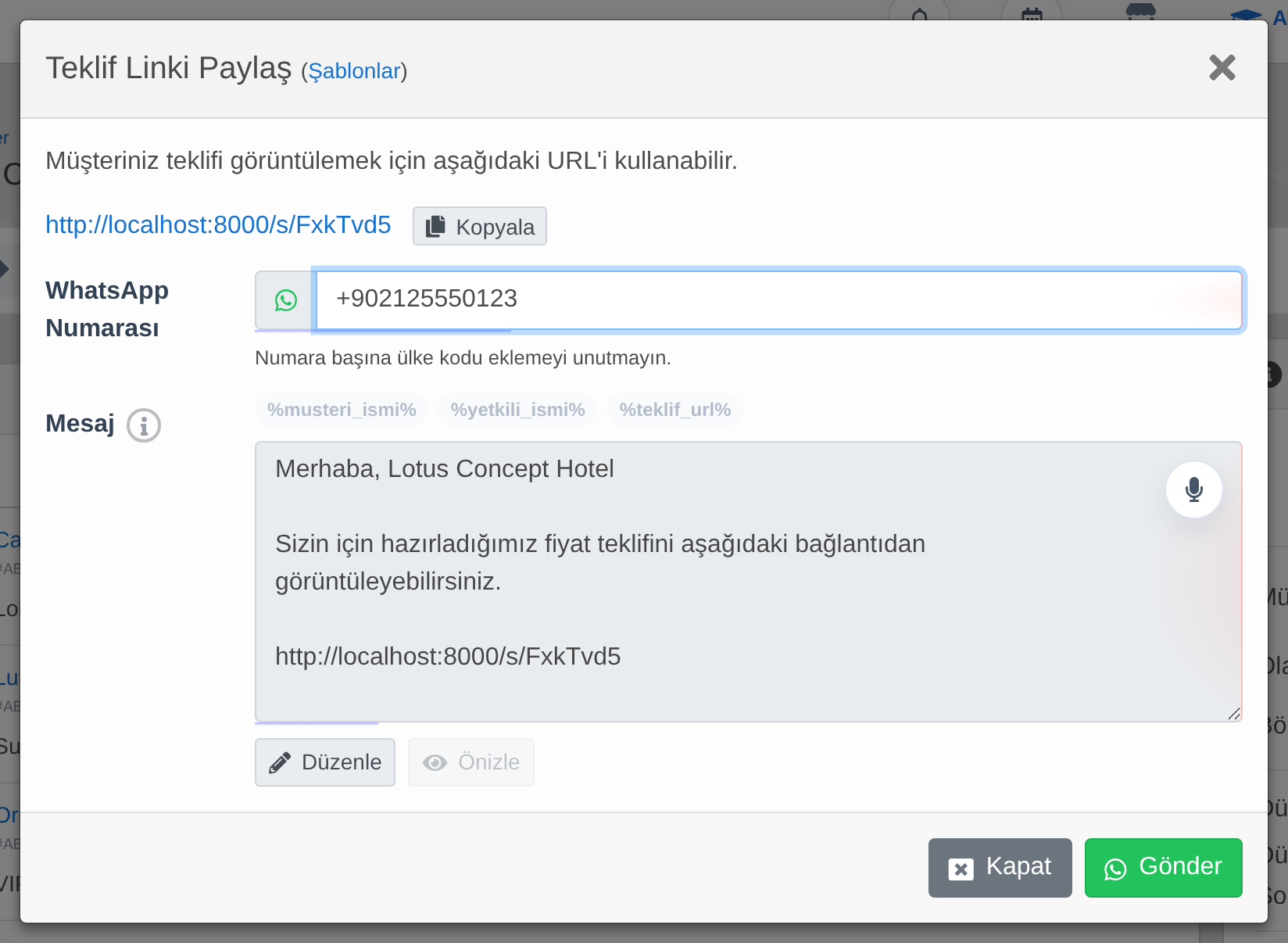 Delbig CRM WhatsApp teklif paylaşım penceresi