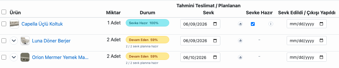 Delbig CRM sevkiyat planlama ekranında mobilya ürünleri ve planlanan sevk tarihleri