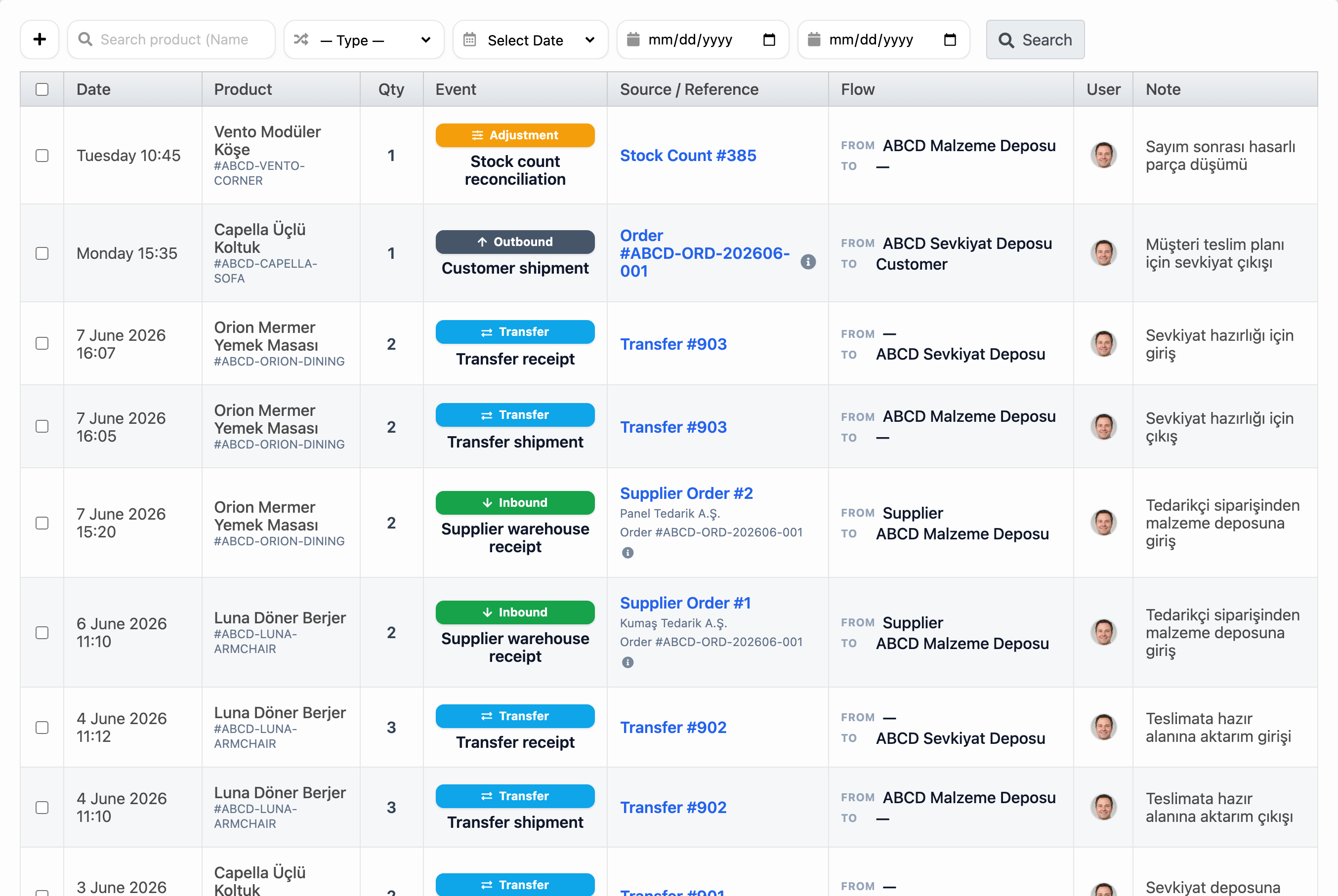 Delbig CRM stock movements screen with transfers, supplier receipts, customer shipments and stock counts