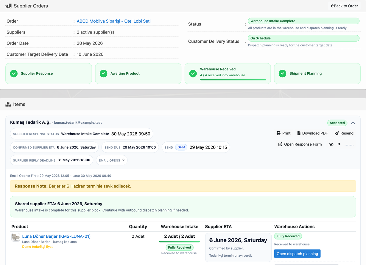 Delbig CRM supplier order screen with ETA, response and warehouse intake tracking