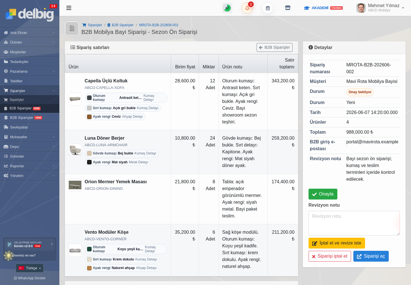 Delbig CRM B2B mobilya bayi siparişinde oturum kumaşı, sırt kumaşı, ayak rengi ve onay paneli