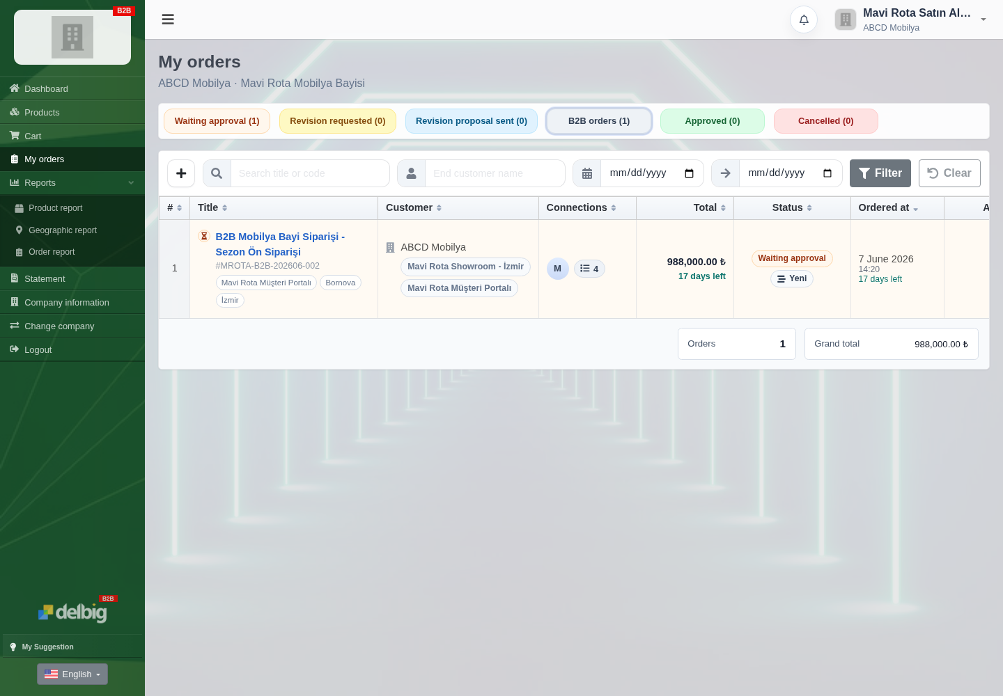 Delbig CRM B2B portal order history for a furniture dealer with pending approval and total amount in English
