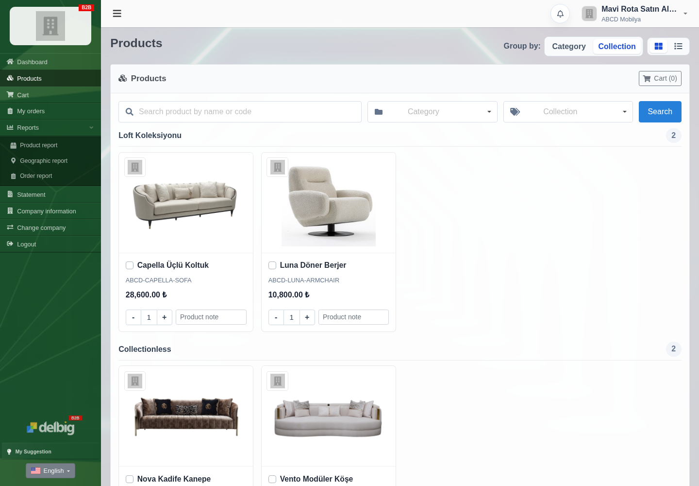 Delbig CRM furniture dealer portal with sofa, armchair, couch and corner set products, prices and quantity selection in English