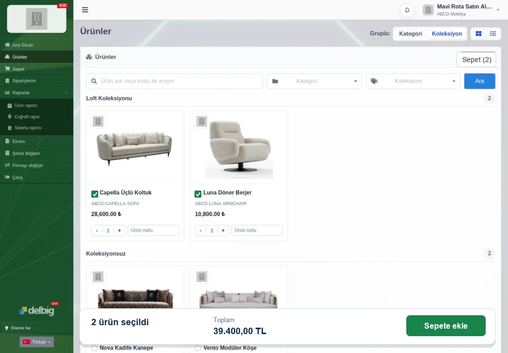 Delbig Bayi Portalı ürün seçim ekranında gerçekçi ürün kartları, fiyat, adet alanı, ürün notu, sepet ve Sepete ekle aksiyonu