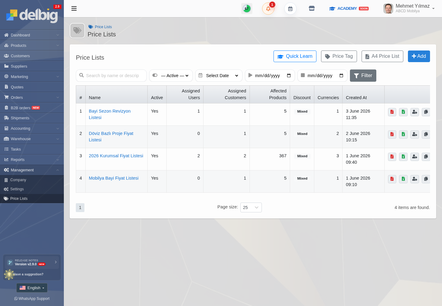 Delbig CRM price lists with furniture dealer price list, assigned customers, PDF and Excel actions in English