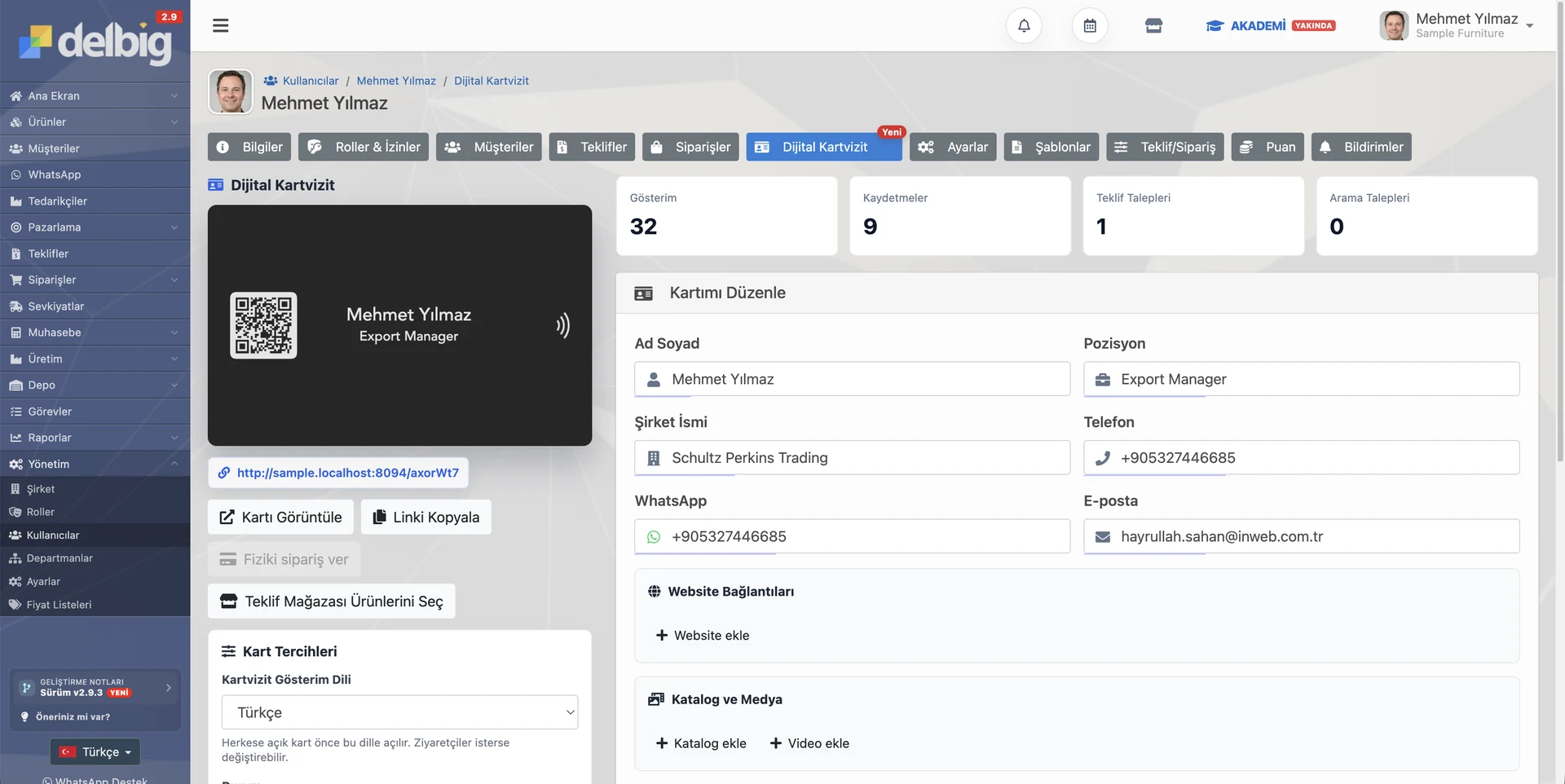 Mehmet Yılmaz dijital kartvizit CRM profil ekranı