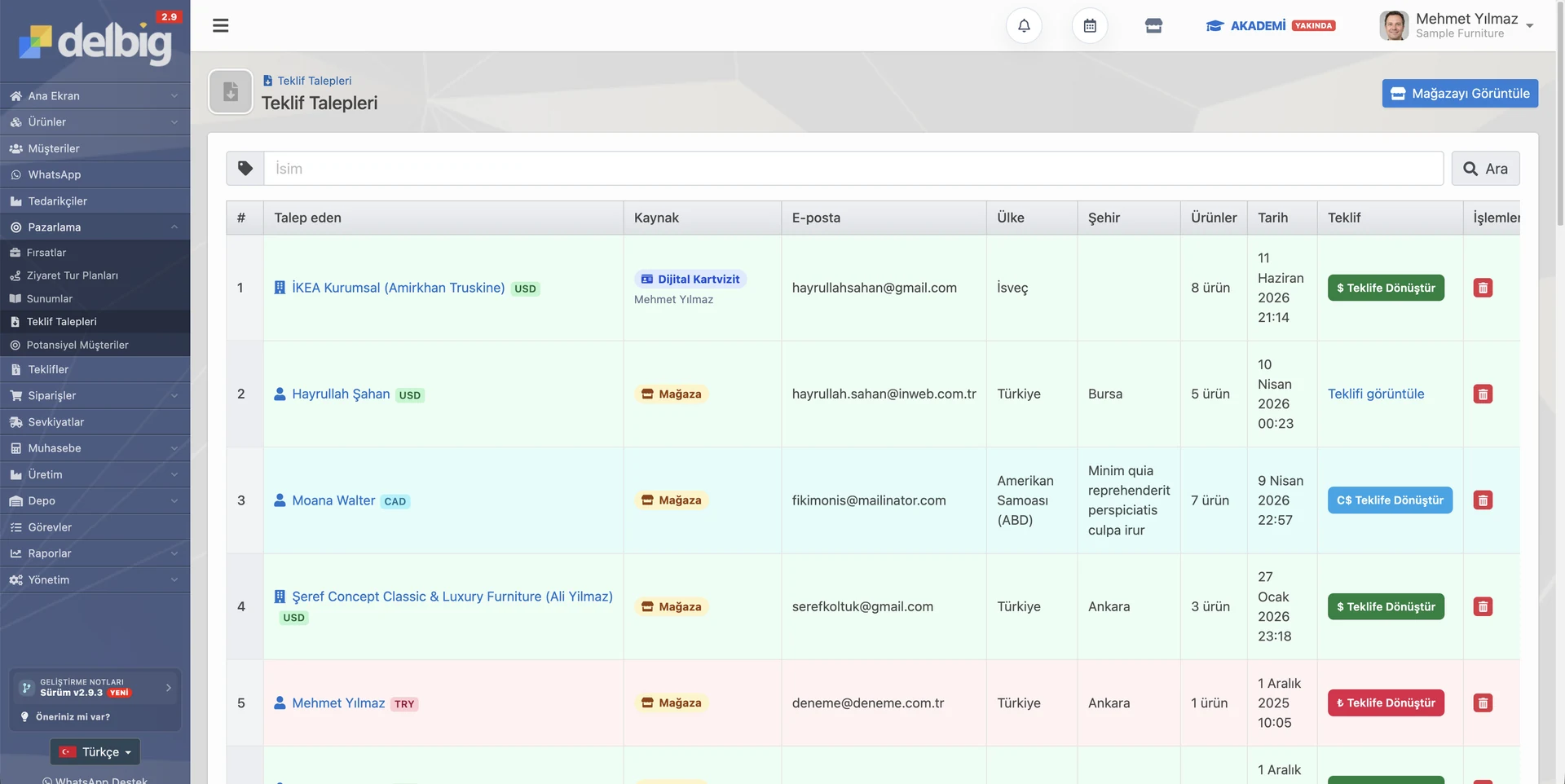 Dijital kartvizitten gelen yeni teklif talebi CRM ekranı