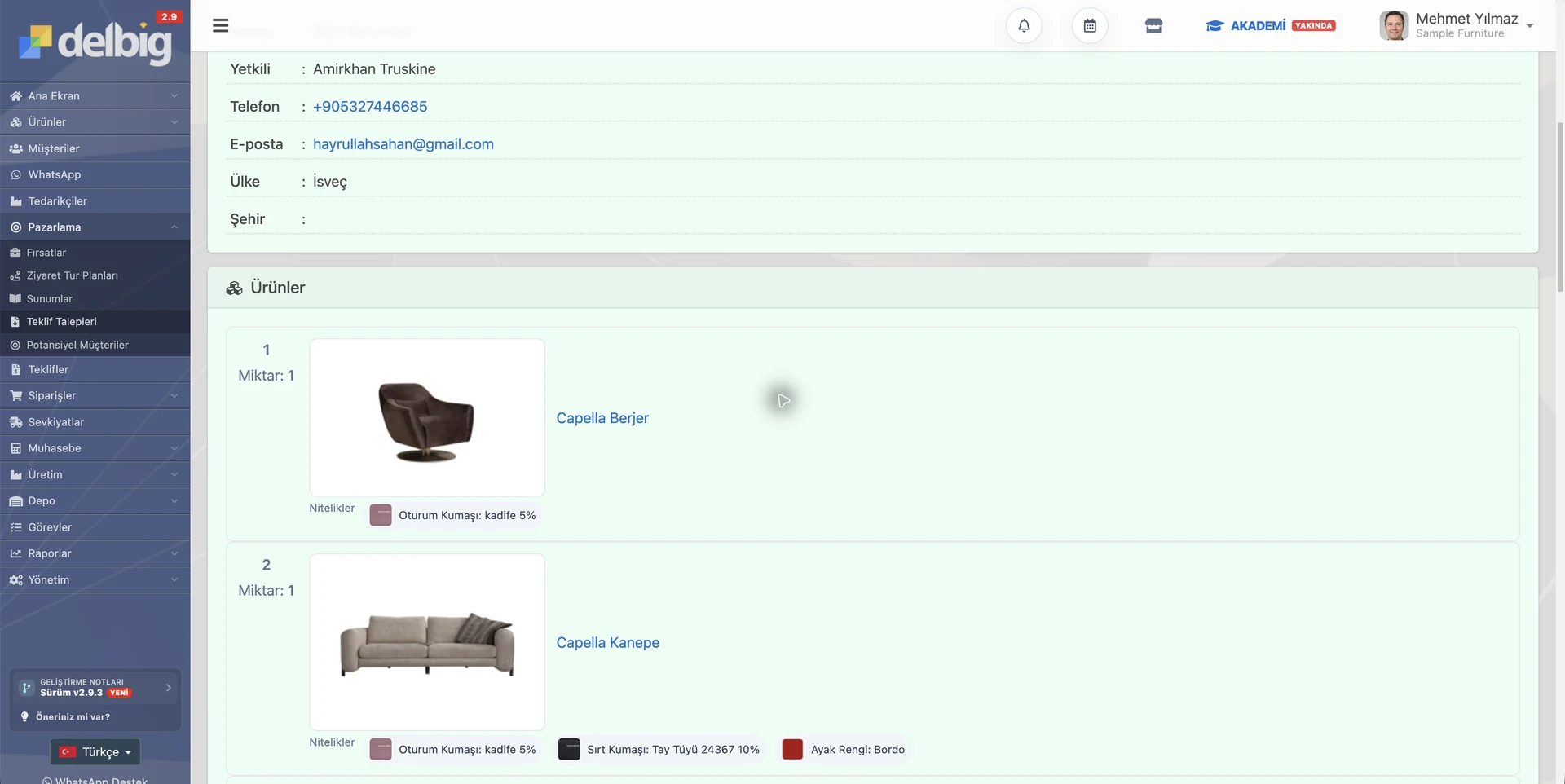 Dijital kartvizitten gelen yeni teklif talebi CRM ekranı