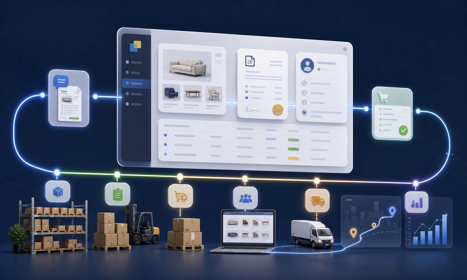 Delbig CRM satış, stok, tedarik, B2B portal, sevkiyat ve raporlama akışını anlatan görsel