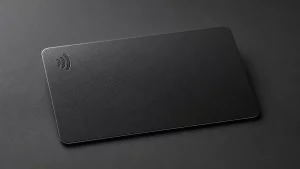 Publication-safe matte black NFC card with no personal, company or QR data