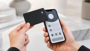 Publication-safe contactless NFC card demonstration with an abstract text-free phone interface