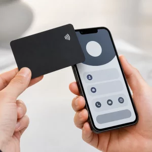 Publication-safe contactless NFC card demonstration with an abstract text-free phone interface