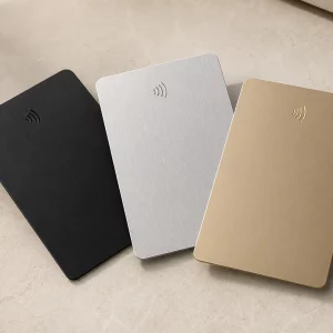 Publication-safe black, silver and gold NFC cards with no personal, company or QR data